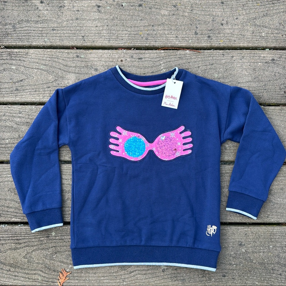 NWT Boden + Harry Potter Luna Lovegood Flip Sequin Glasses Sweater, Sz 5-6